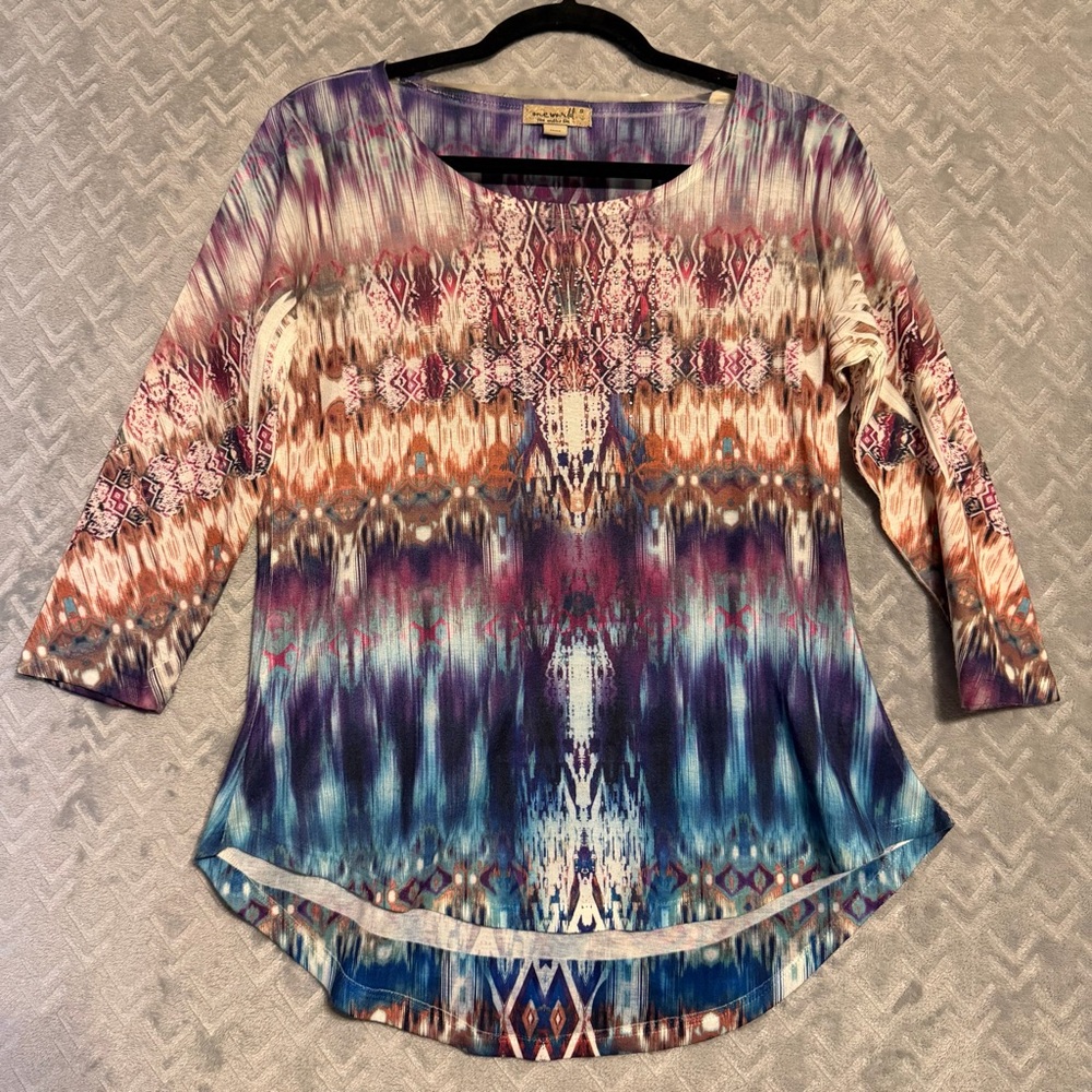 OneWorld Live & Let Live Womens S Boho Tribal Print 3/4 Sleeve Top